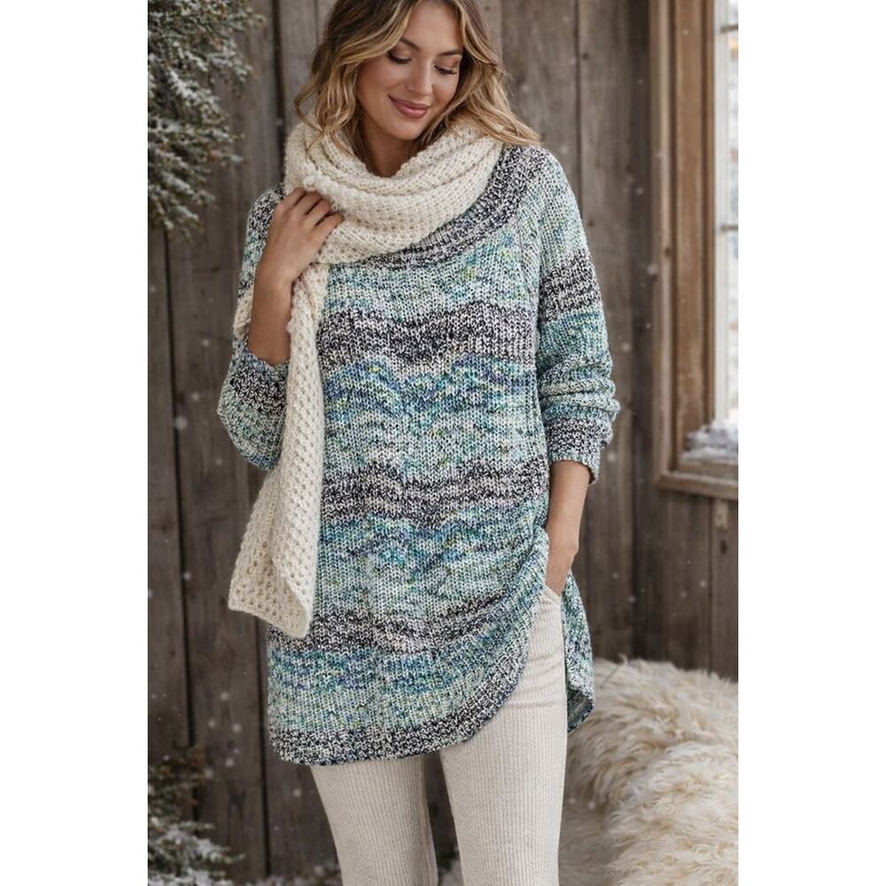 J Jill Marled Open Knit Tunic Sweater Size XL Cotton Blue Green Boho Winter Cozy